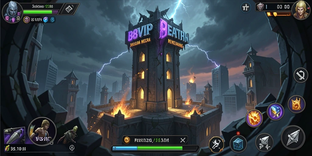 Tampilan gameplay B8VIP dengan menara pertahanan yang kuat dan musuh yang menantang.