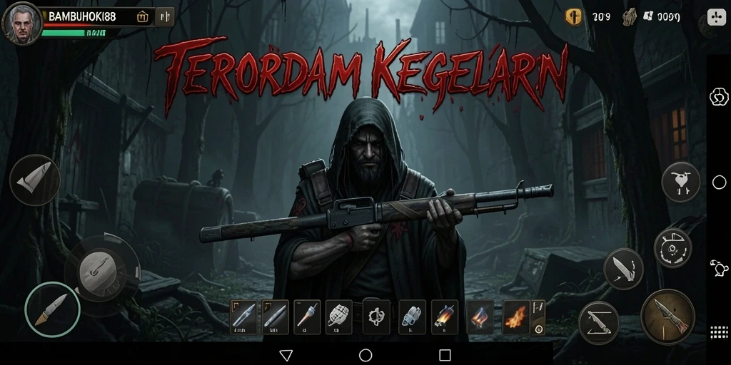 Screenshot dari gameplay BAMBUHOKI88 menampilkan suasana horror yang mencekam.
