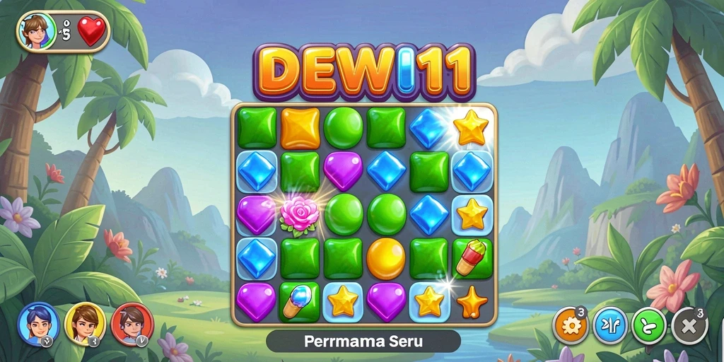 Screenshot gameplay DEWI11 menampilkan pencocokan item Match-3 yang seru.