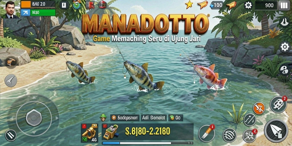 Tampilan gameplay seru MANADOTOTO saat memancing ikan besar.
