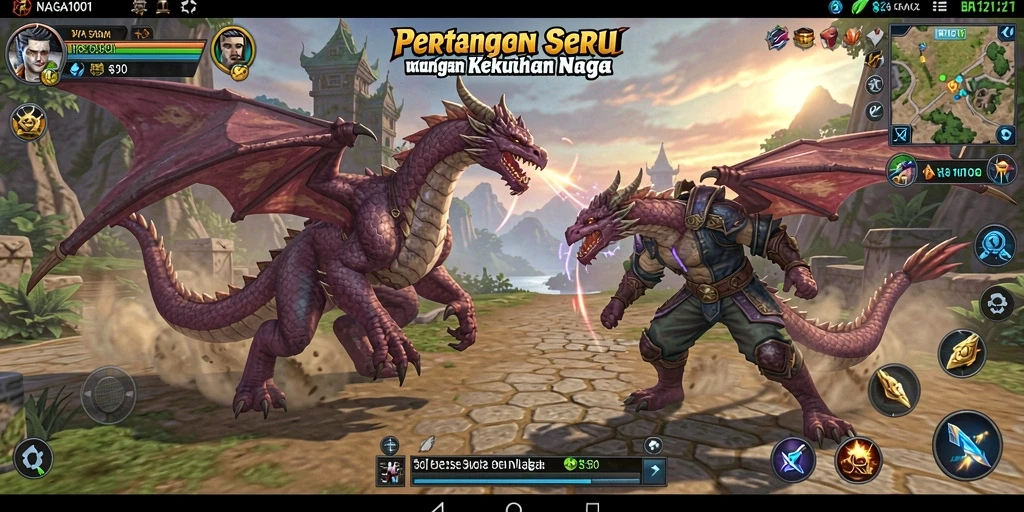 Tampilan gameplay NAGA1001 dengan pertarungan karakter naga yang epik.