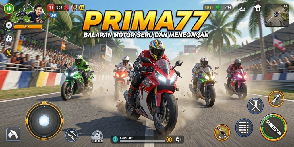 Screenshot utama menunjukkan aksi balapan menegangkan di PRIMA77.