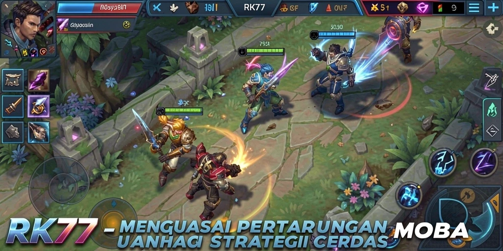 Screenshot gameplay RK77 menampilkan pertempuran sengit antara tim hero.