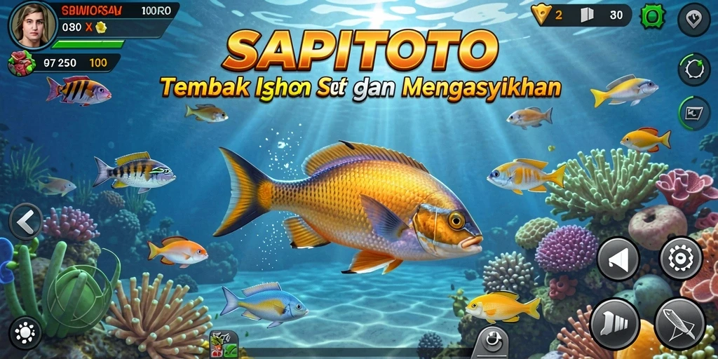 Screenshot utama SAPITOTO menampilkan aksi menembak ikan yang seru.
