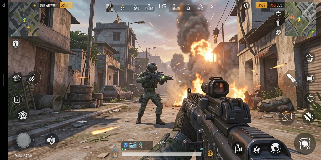 Screenshot gameplay ZK7 menunjukkan pertempuran menegangkan di medan perang.